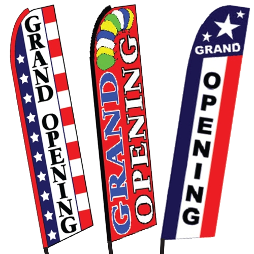 Two Full Sleeve Swooper Flags w/ Poles & Spikes GRAND OPENING Yellow Red Star Balloon 