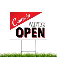Yard Signs - Come In We're Open corrugated plastic sign with stakes sku spysciwopen