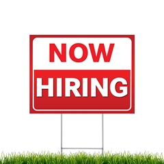 Yard Signs - Now Hiring corrugated plastic sign with stakes sku spysnowhrng