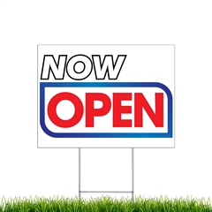 Yard Signs - Now Open corrugated plastic sign with stakes sku spysnwopen