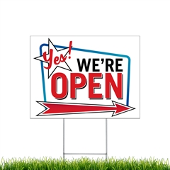 Yard Signs - Yes We're Open corrugated plastic sign with stakes sku spysyswropen
